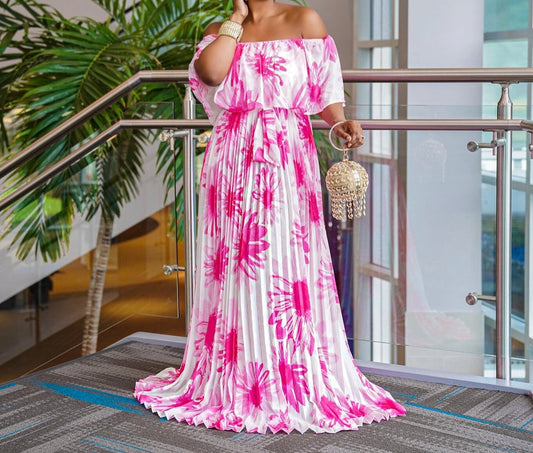 Pink Flounced Off Shoulder Maxi Dress