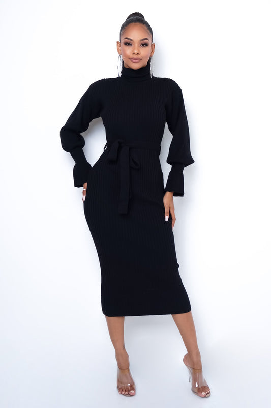 black smocked neck midi dress