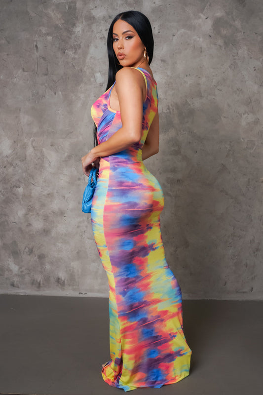 Multi-Pink Tie Dye Knot Front Fitted Maxi Dress