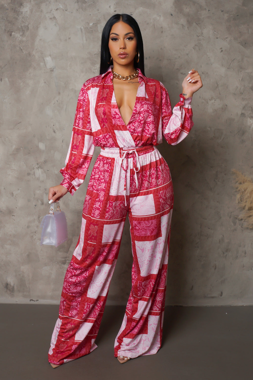 Multi-Red Drawstring Wide Leg Jumpsuit