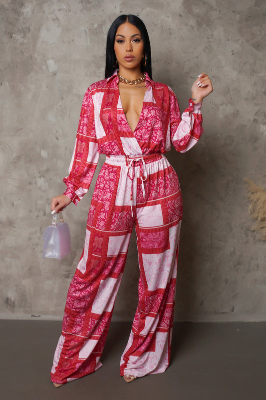 Multi-Red Drawstring Wide Leg Jumpsuit