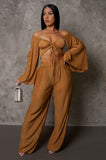 Brown Pleated Wide Leg Pants & Ruched Long Sleeve Off Shoulder Top Set
