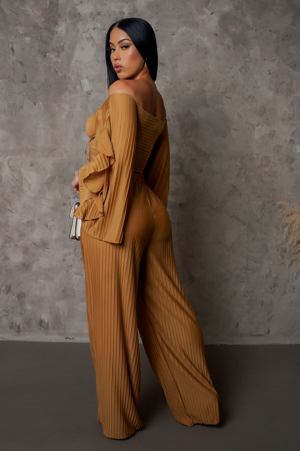 Brown Pleated Wide Leg Pants & Ruched Long Sleeve Off Shoulder Top Set