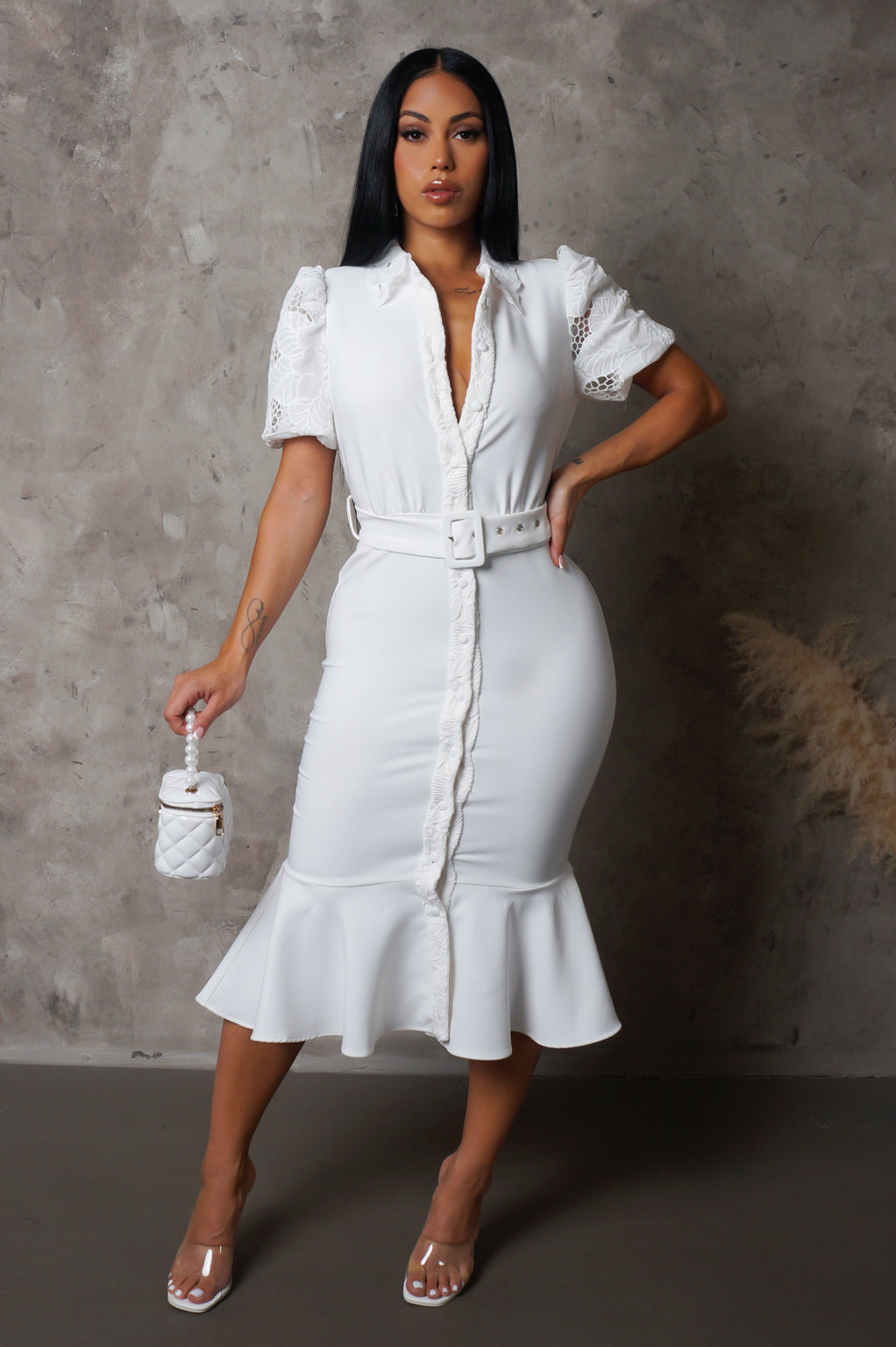 All White Bottom Ruffled Belted Midi Dress