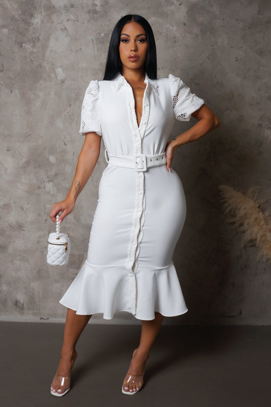 All White Bottom Ruffled Belted Midi Dress