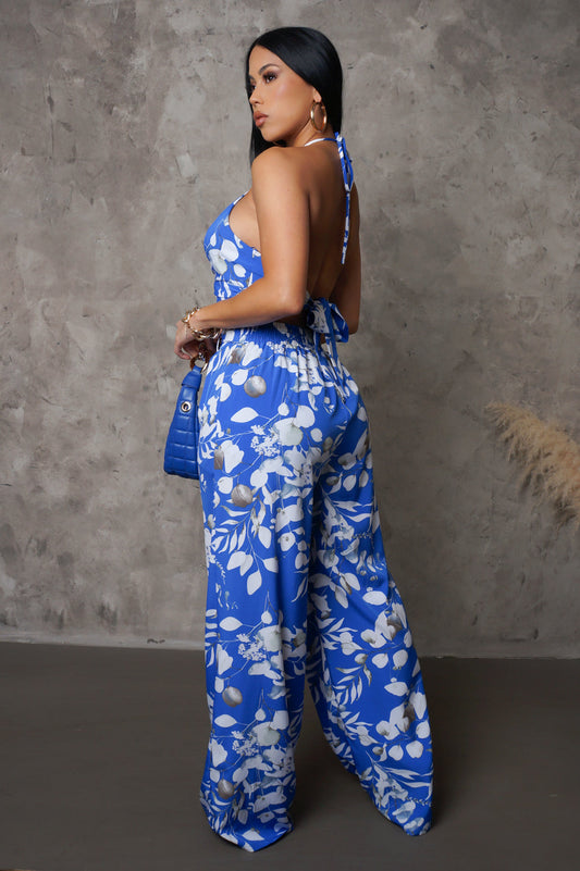 White Floral Blue Pants & Top Set