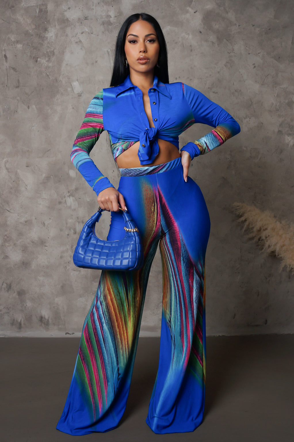 Blue Streaked Resort Pants & Long Slevve Top Set