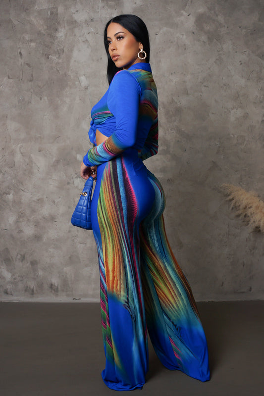 Blue Streaked Resort Pants & Long Slevve Top Set