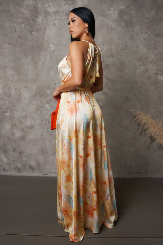 Satin Halter Side Slit Maxi Dress