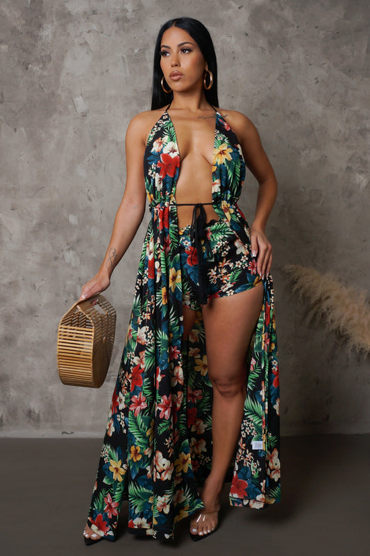 Green Floral Vaca Shorts & Maxi Top Set