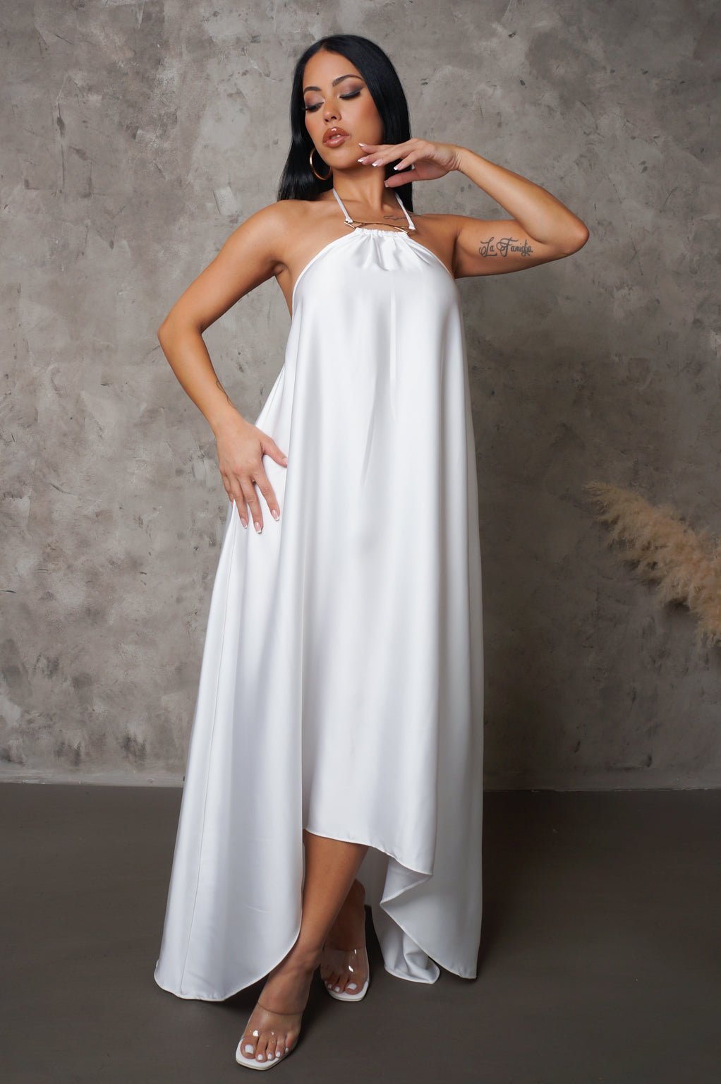 White High Neck Halter High Low Maxi Dress