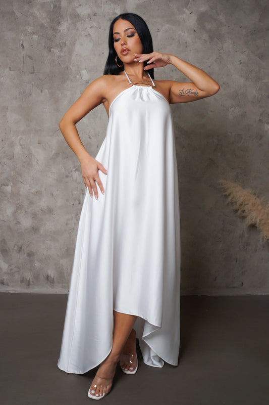 White High Neck Halter High Low Maxi Dress
