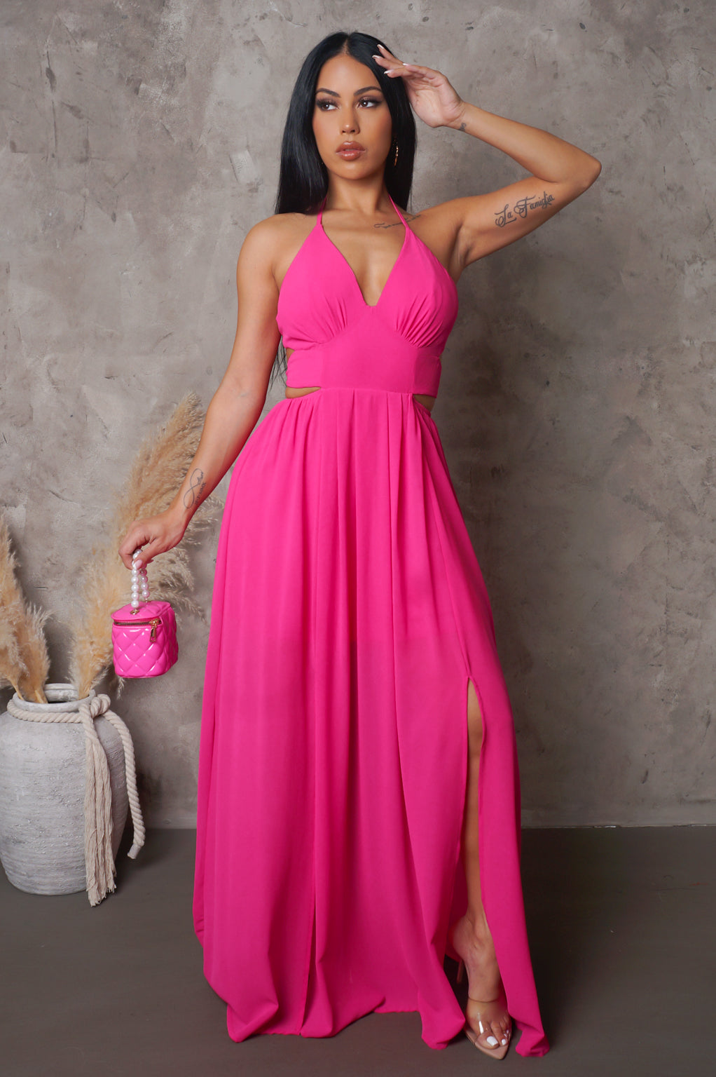 Beach Resort Fuchsia Halter Neck Double Slit Maxi Dress