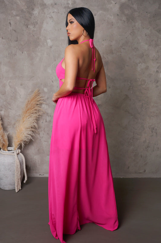 Beach Resort Fuchsia Halter Neck Double Slit Maxi Dress