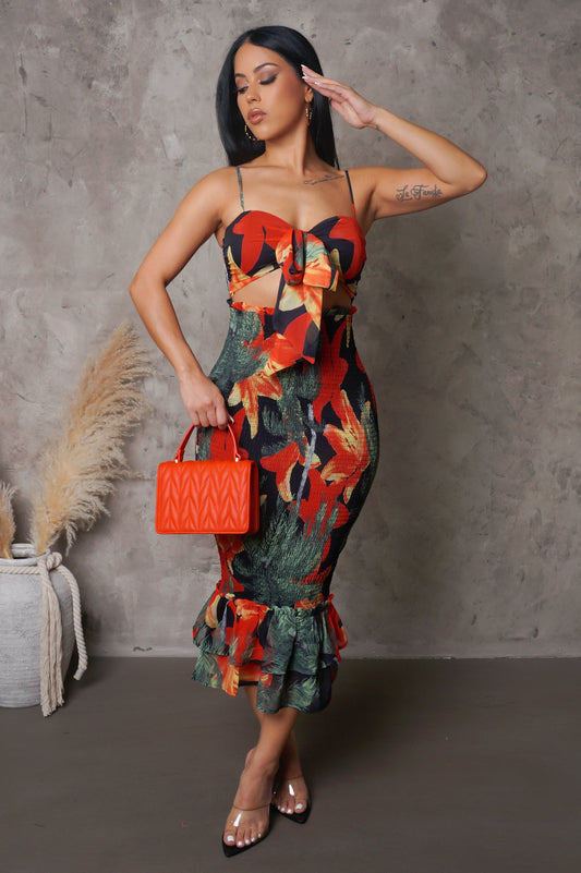 Palm Trees Floral Midi Ruffled Bottom Midi Dress