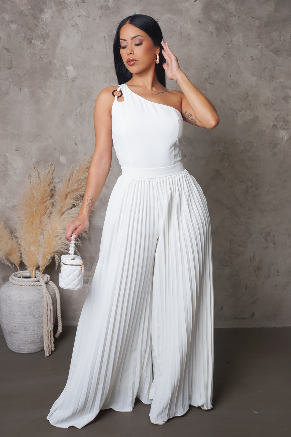 Seasonal One Shoulder Pleated Loose Jumpsuit