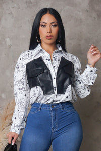Fashion Trend Word Print Part Leather Blouse