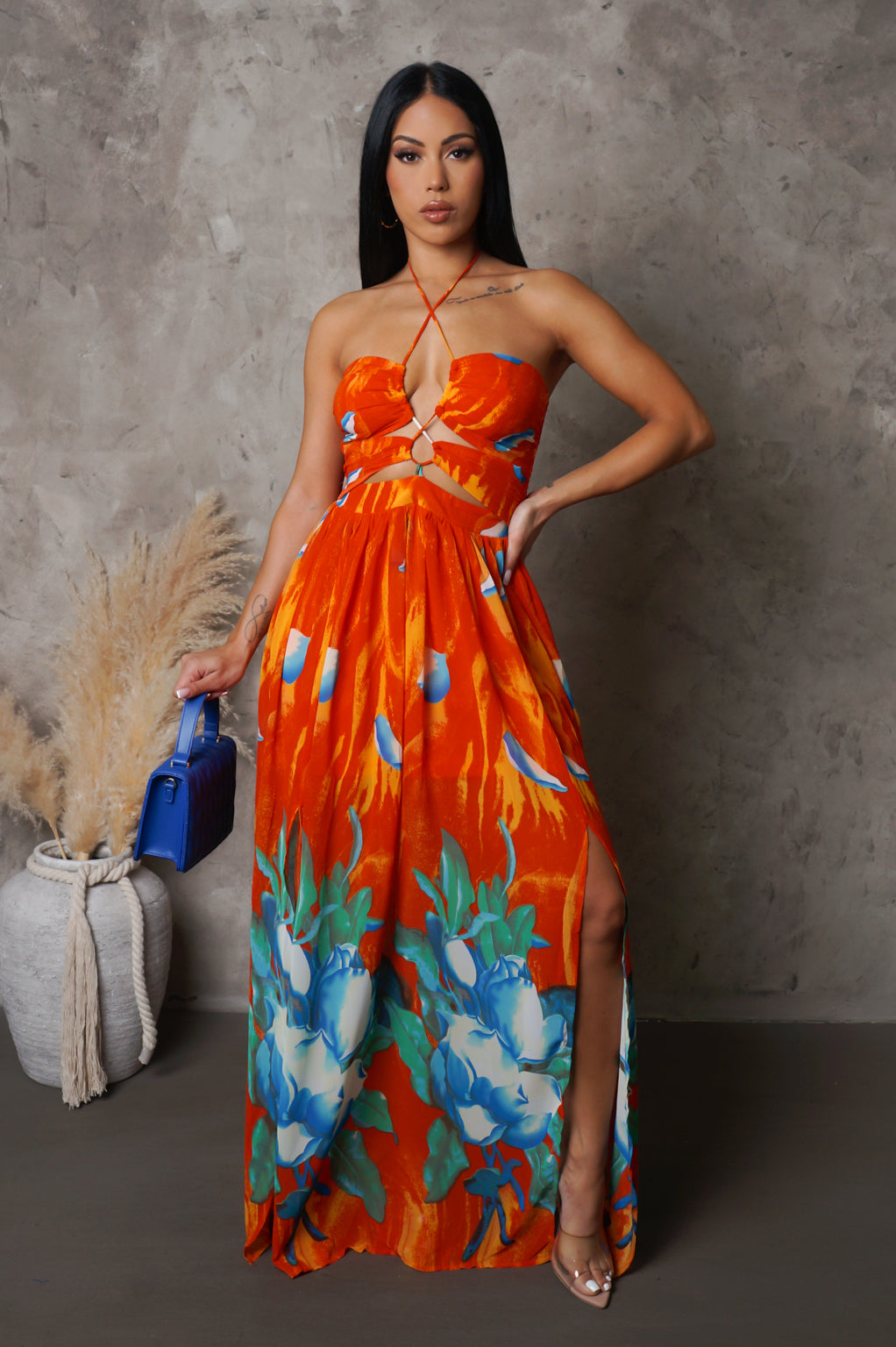 Floral Print Double Slit Maxi Dress