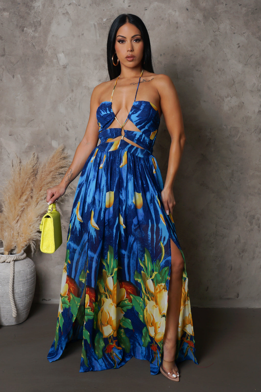 Floral Print Double Slit Maxi Dress