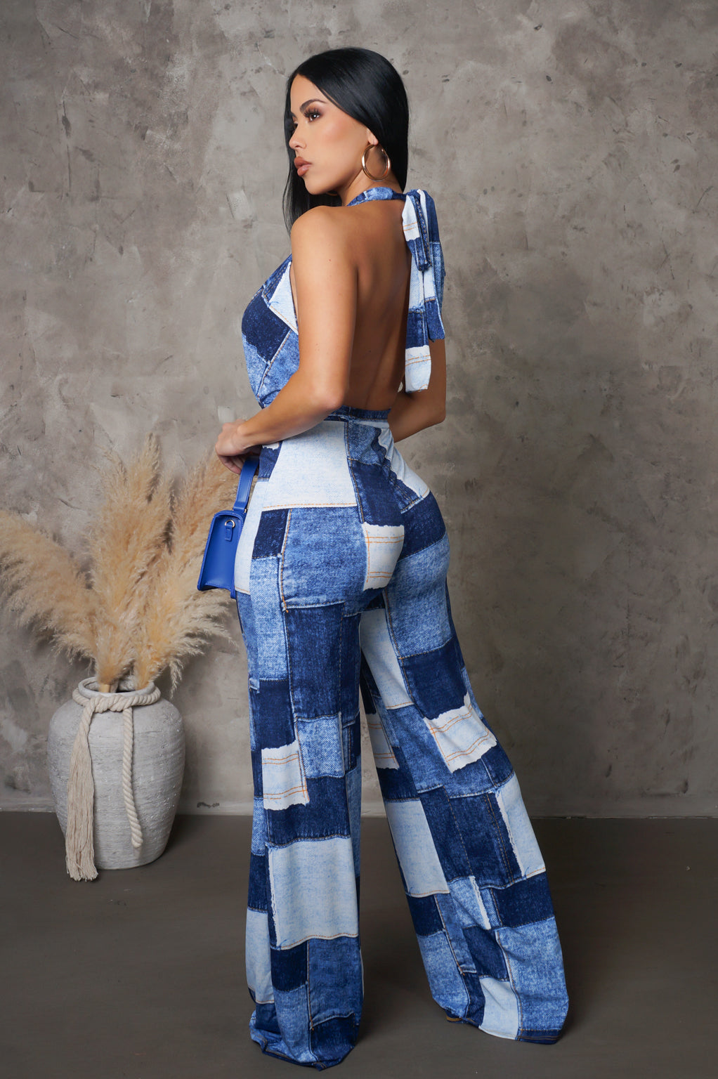 Patched Up Denim-Look Halter Jumpsuit