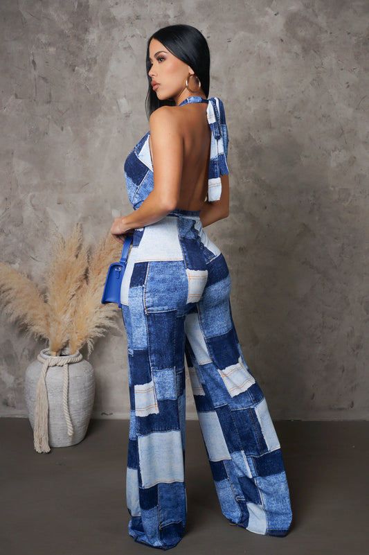 Patched Up Denim-Look Halter Jumpsuit