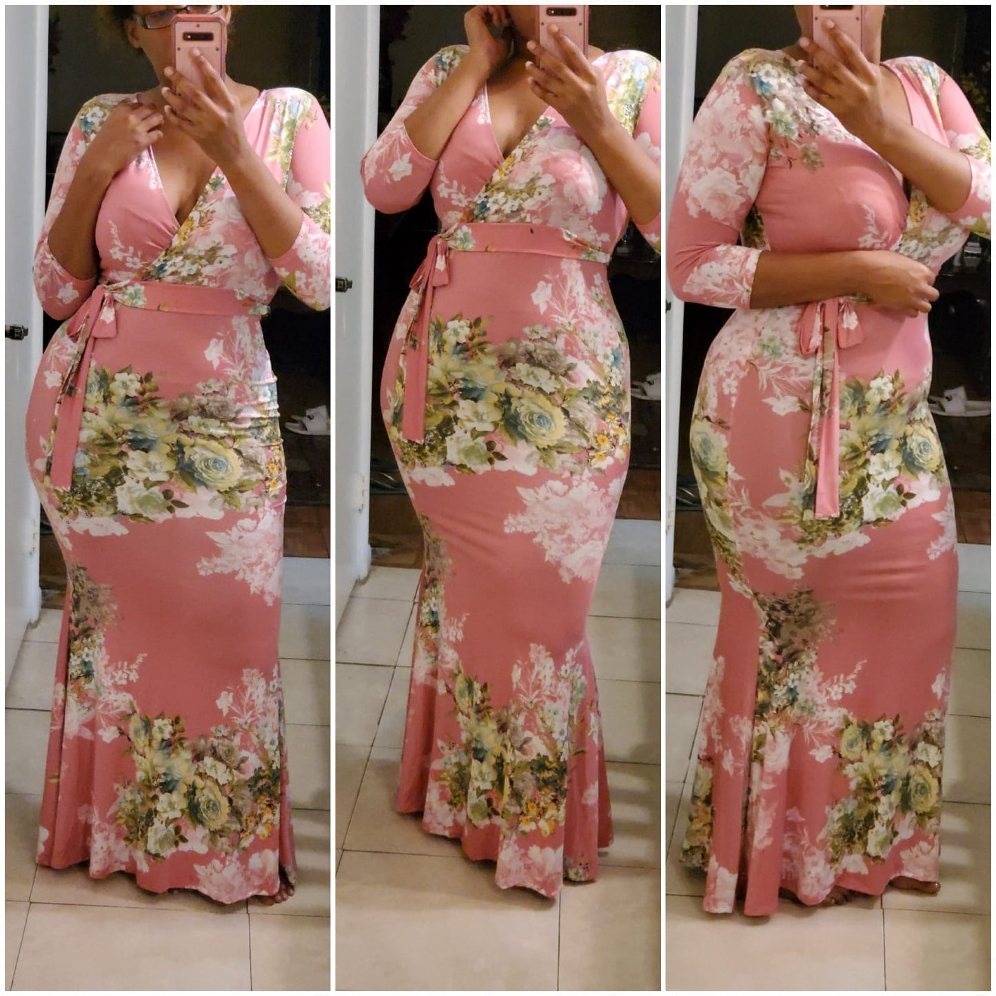 pink floral blossom 3/4 sleeve maxi dress