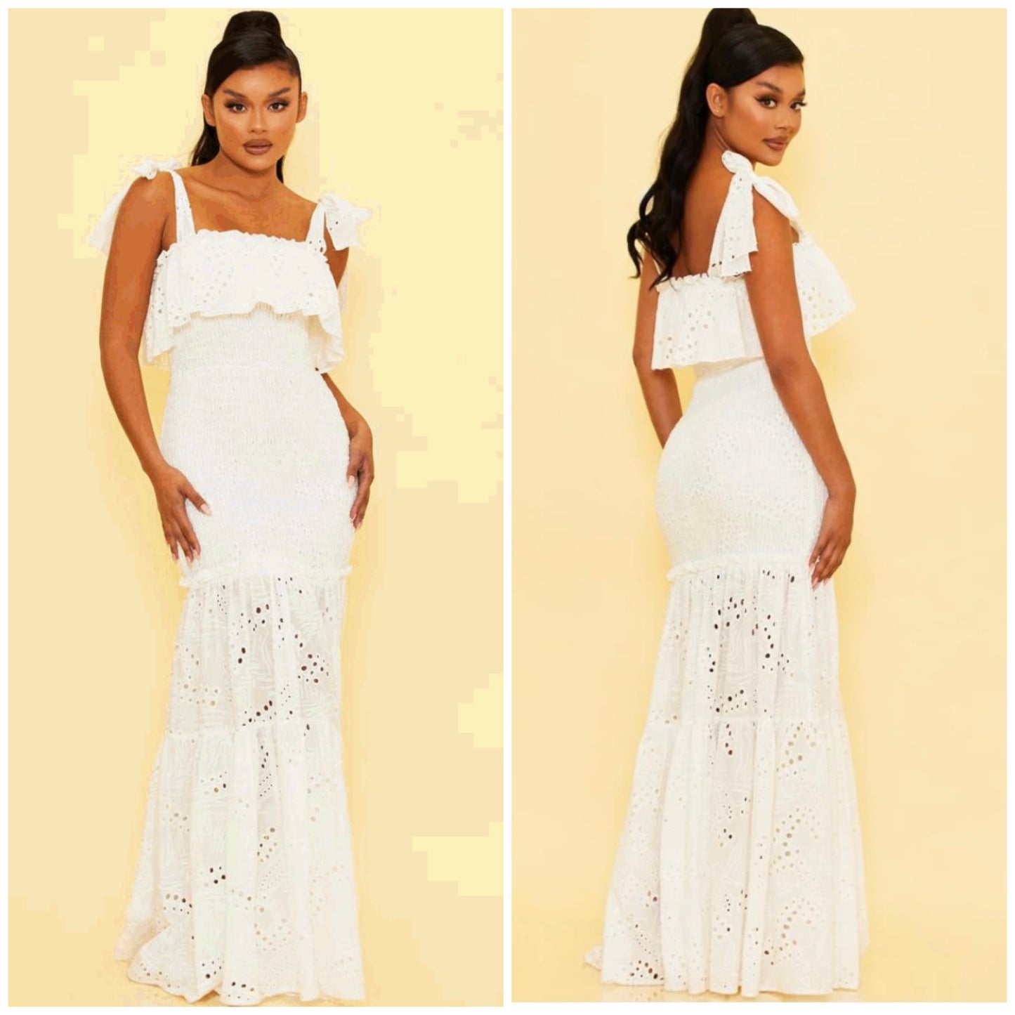 vacation white crochet ruffled bottom maxi dress