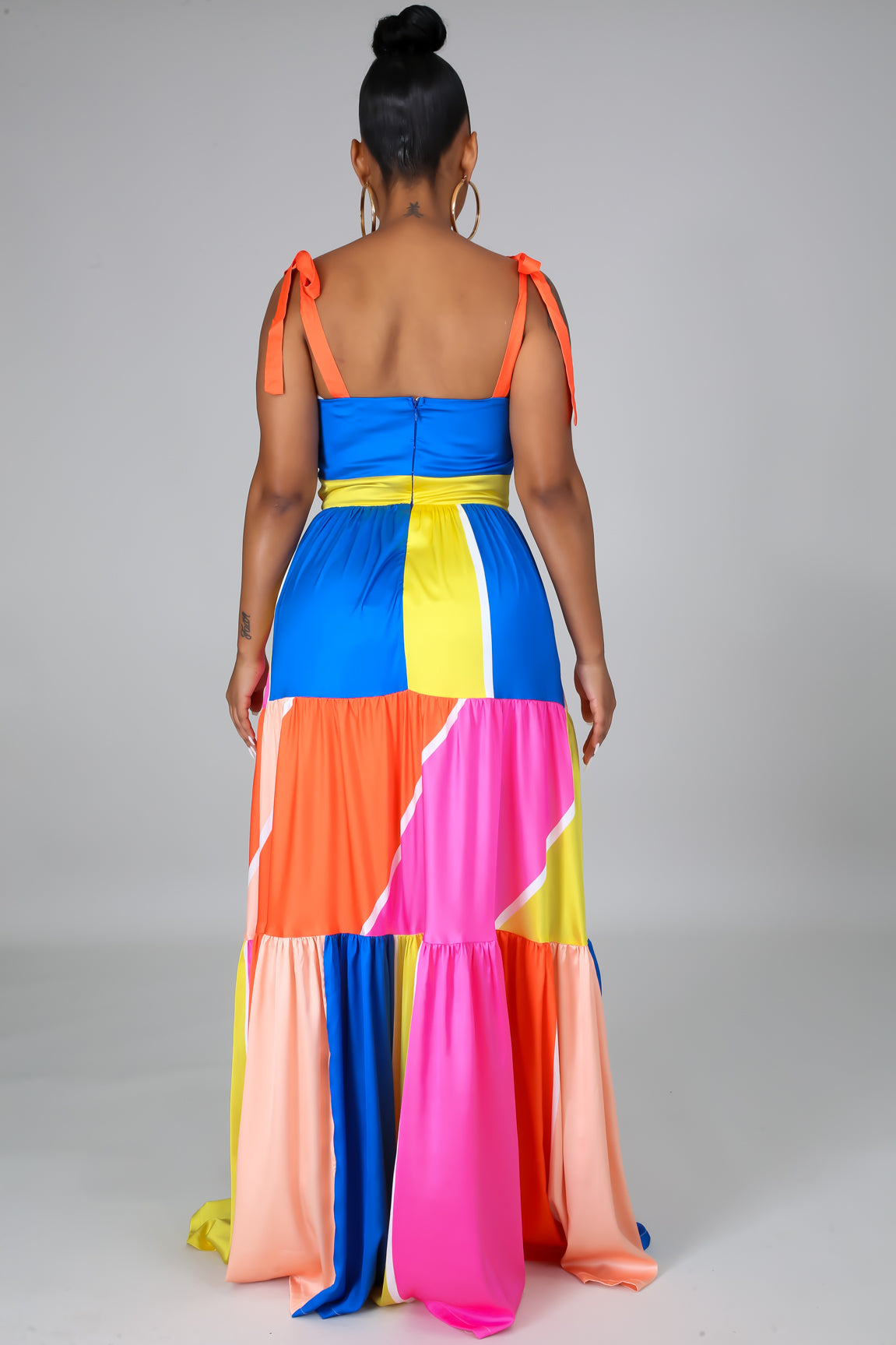 multicolored patched ribbon tiered maxi dress