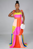 multicolored patched ribbon tiered maxi dress