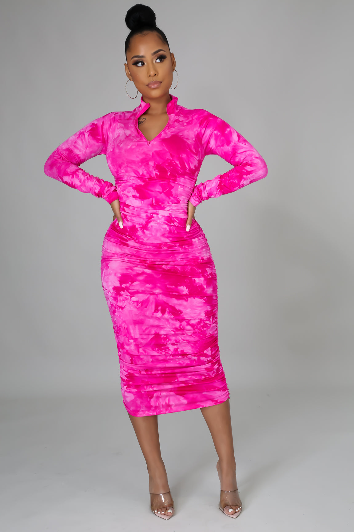 fuchsia mock neck ruched tie dye midi dress