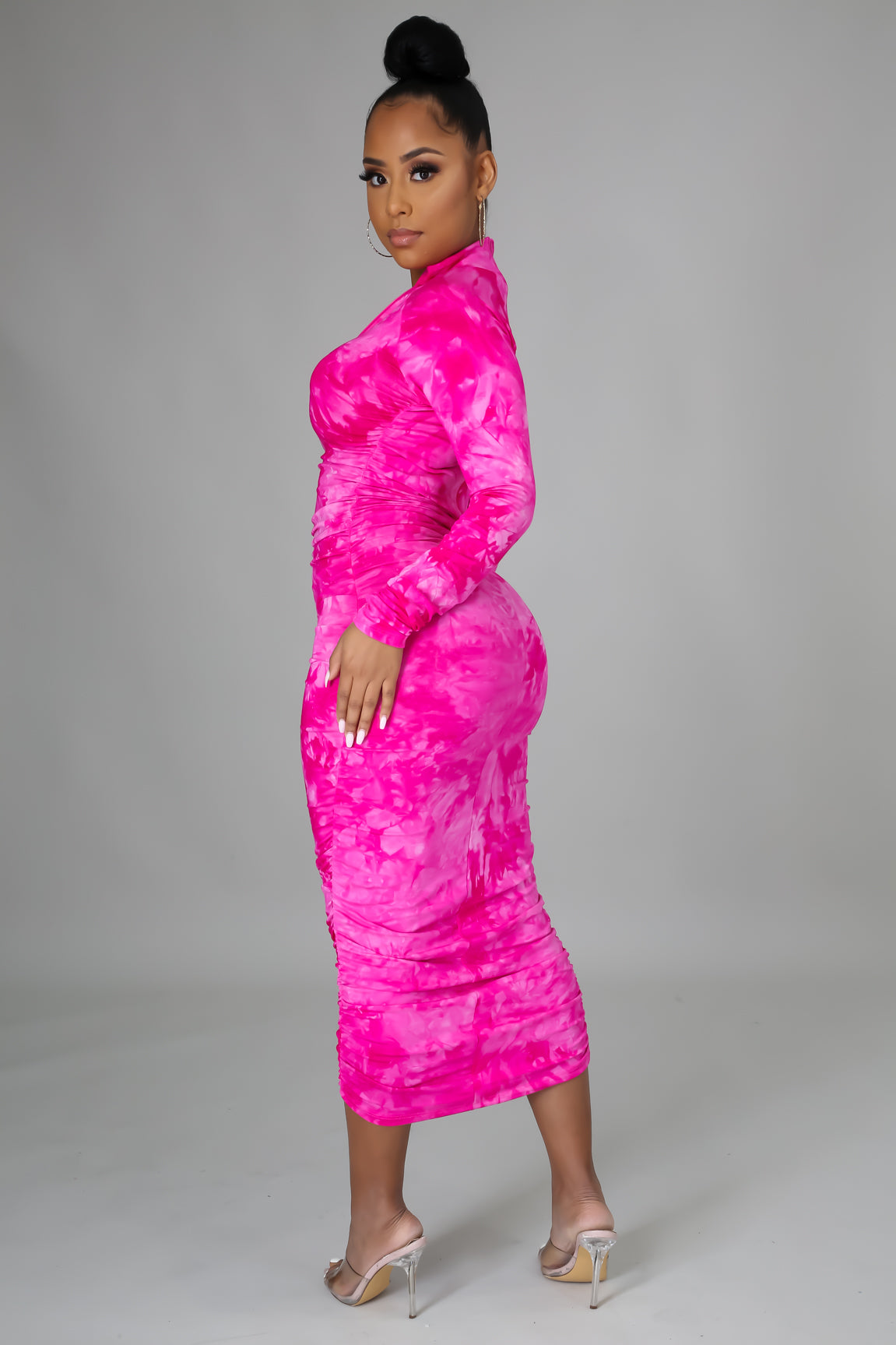 fuchsia mock neck ruched tie dye midi dress