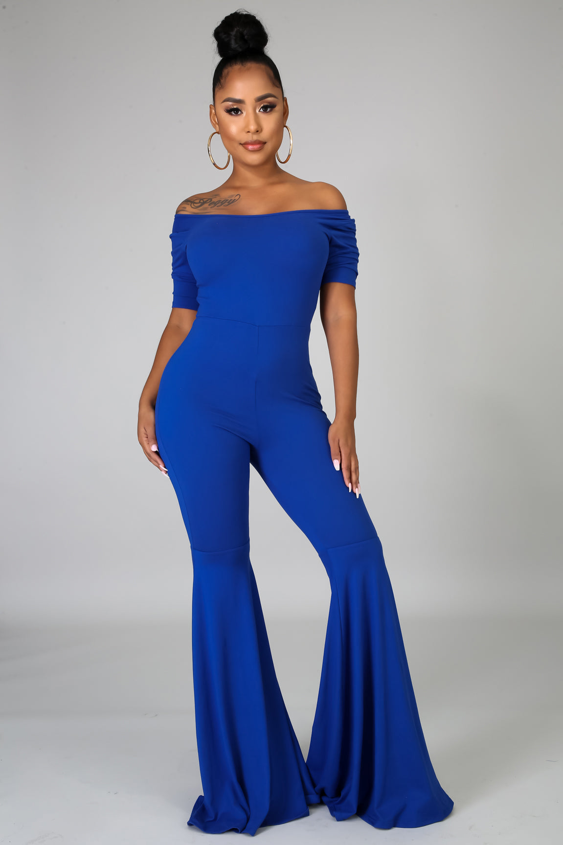 royal blue flare leg jumpsuit