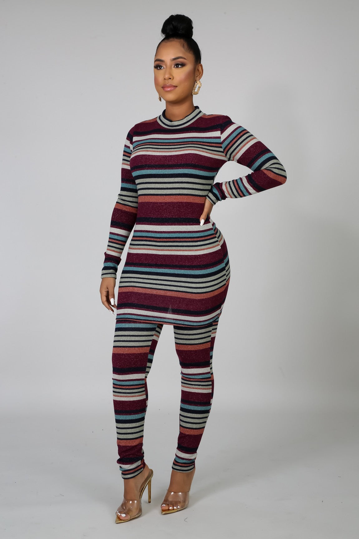 striped up high waist pants & top set