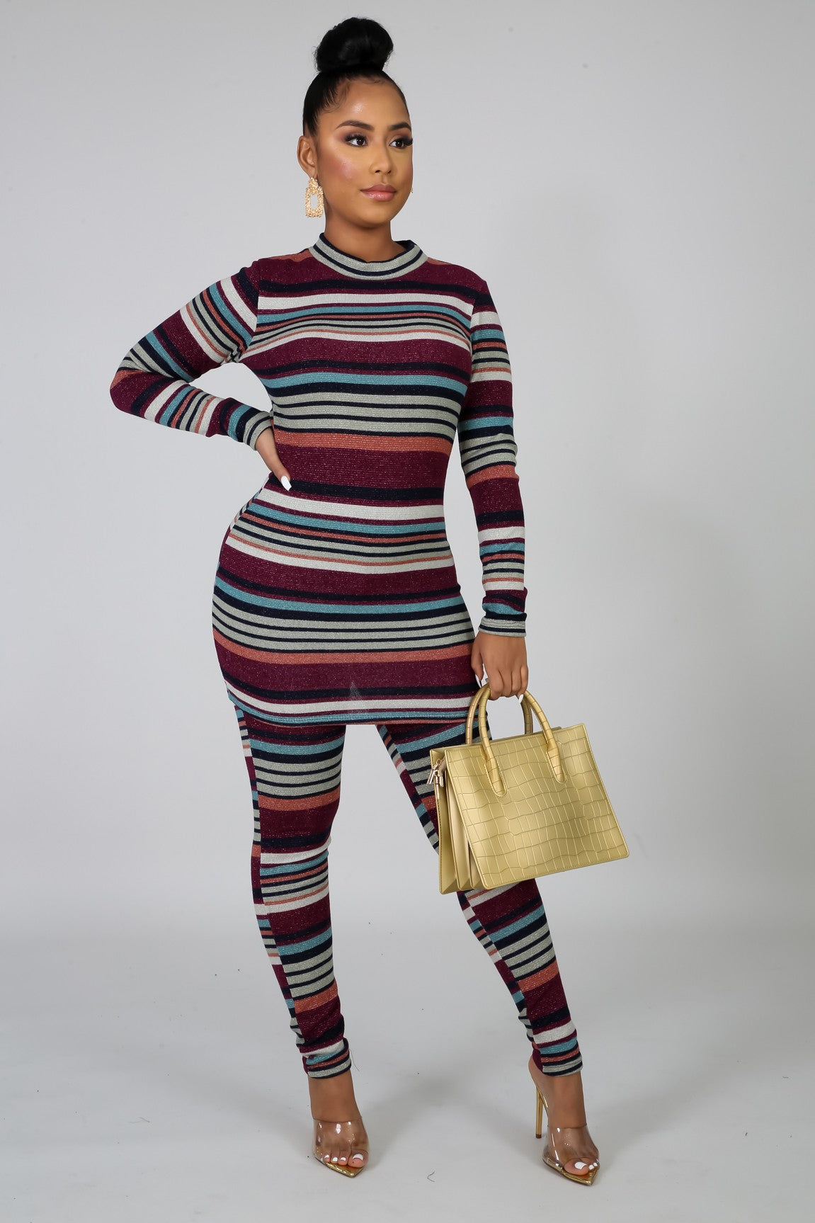 striped up high waist pants & top set