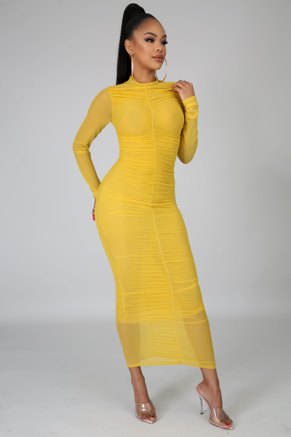 ruched up bodycon midi mustard dress