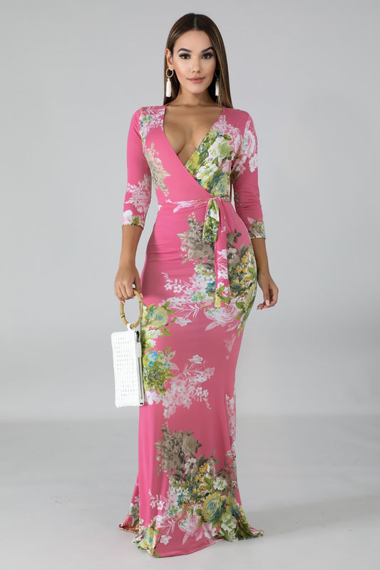 pink floral blossom 3/4 sleeve maxi dress