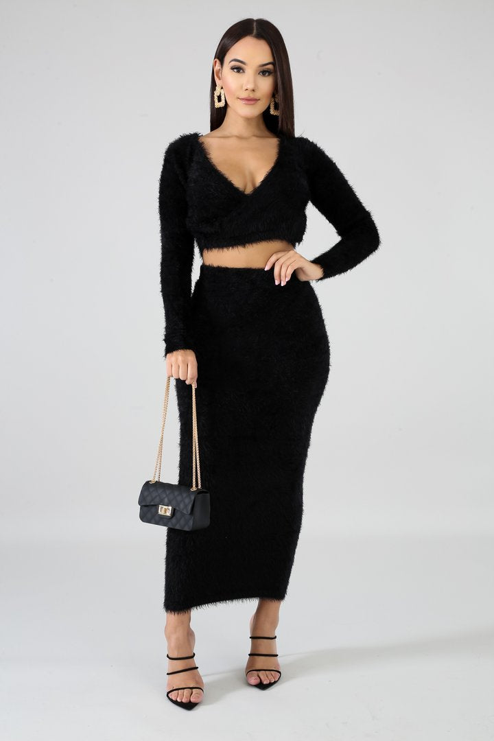 fuzzy wuzzy cozy midi skirt & cropped long sleeve set