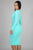 mint cascading front bodycon dress