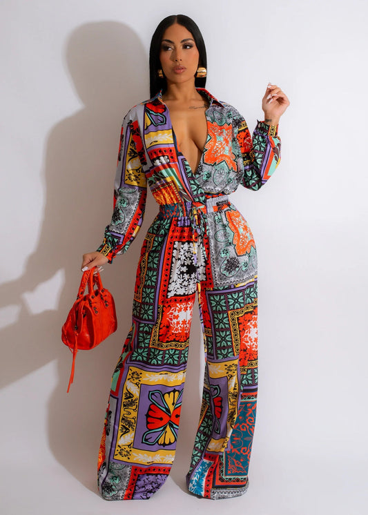 Graphic Prints Drawstring Wide Leg Jumpsuit