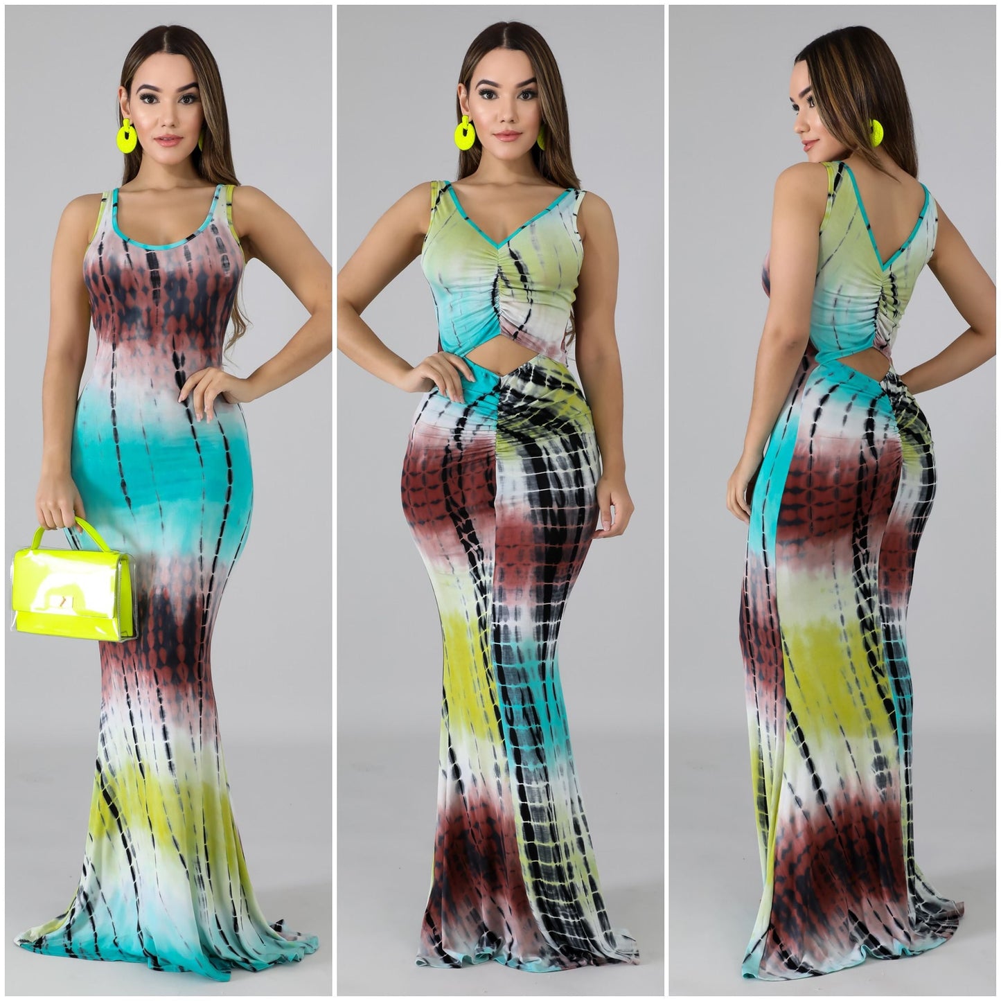tie dye open back mermaid maxi dress