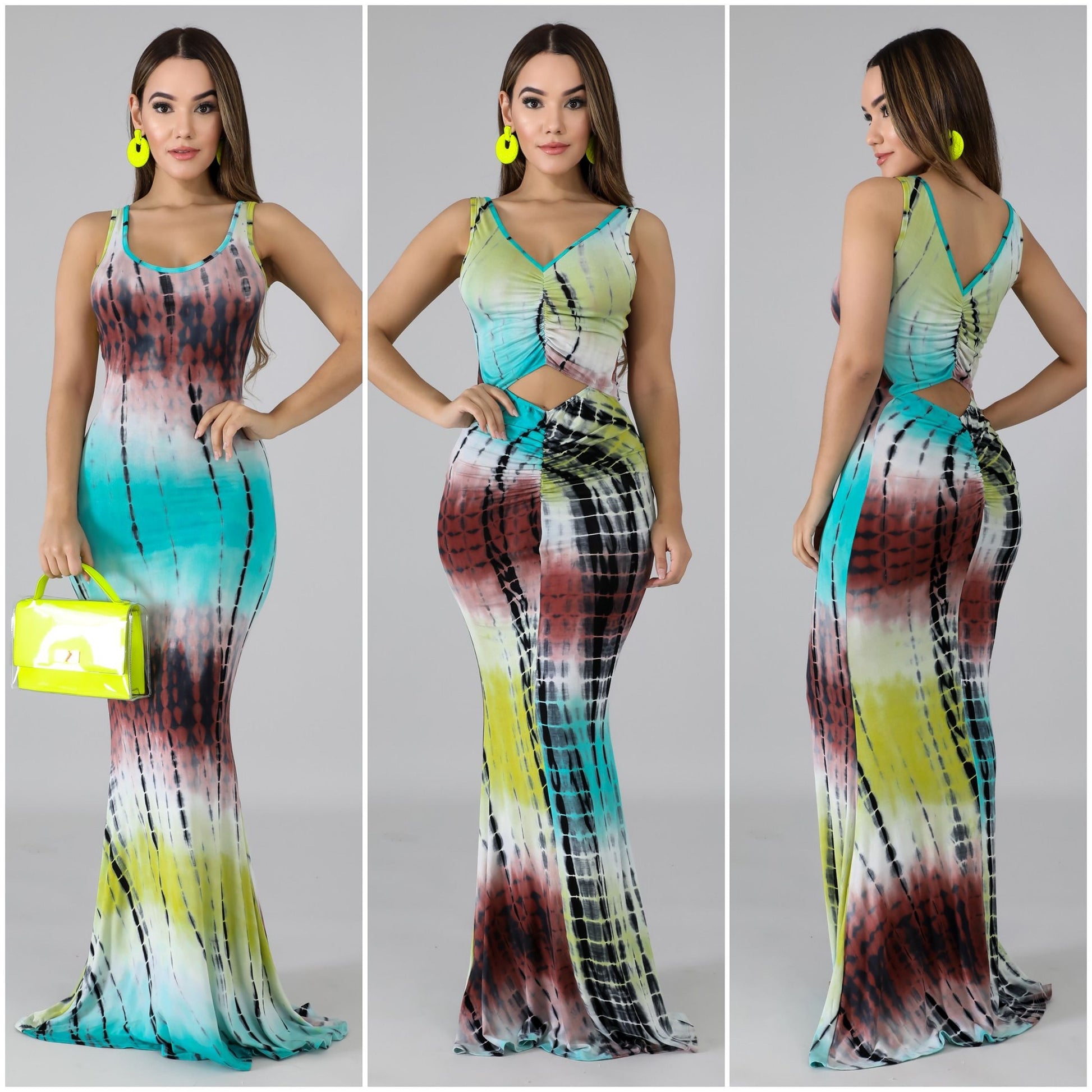 tie dye open back mermaid maxi dress
