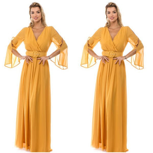 mustard belted flow maxi dress