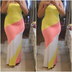 yellow, white, & pink tube maxi dress