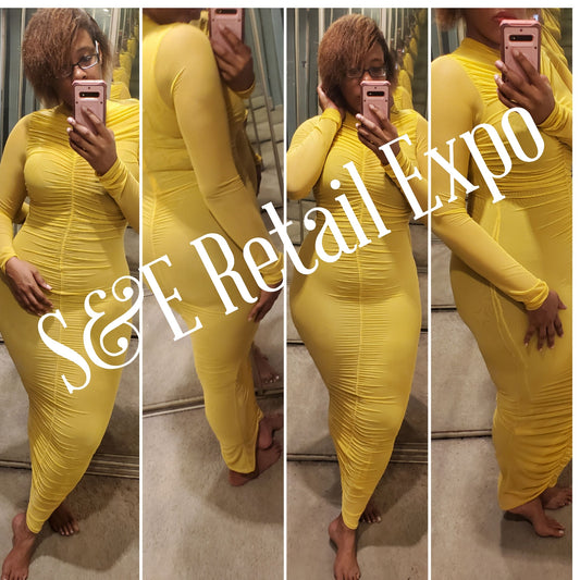 ruched up bodycon midi mustard dress