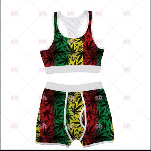 rasta herb leaf racerback top & shorts set