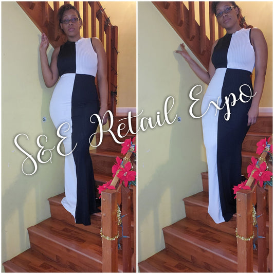 black & white contrast color block maxi dress