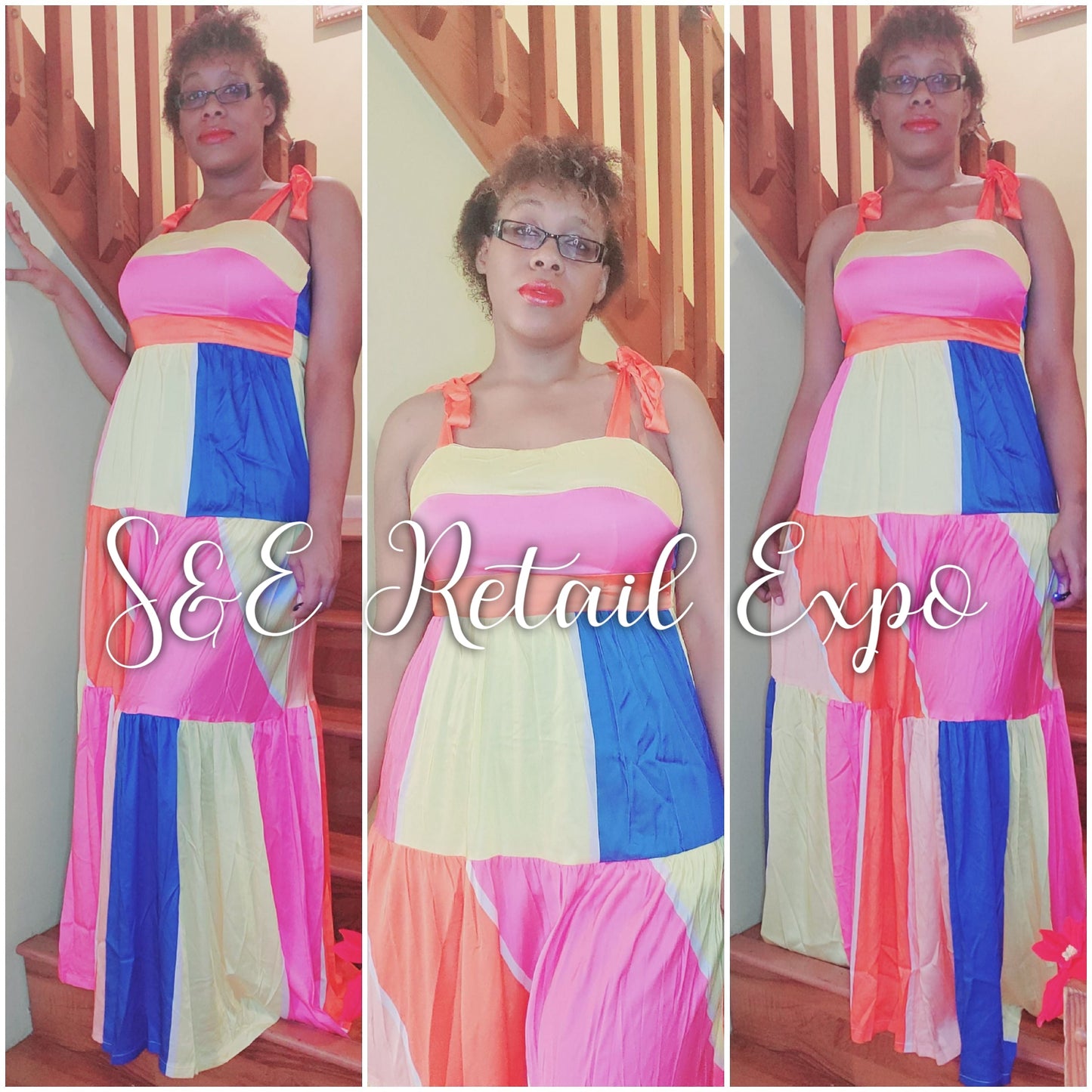 multicolored patched ribbon tiered maxi dress