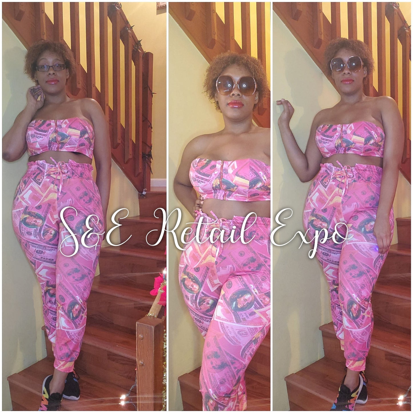 "money money money" usa $100 bill pink cropped top & pants set