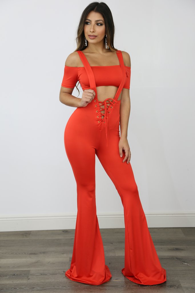 tangerine suspender jumpsuit & cropped top
