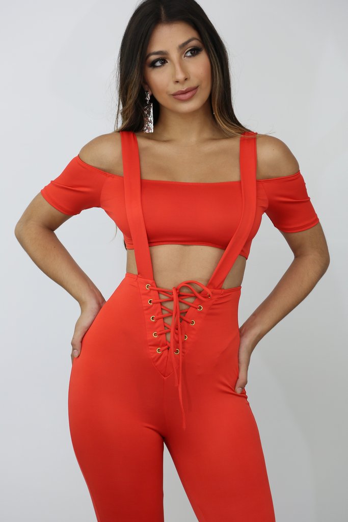 tangerine suspender jumpsuit & cropped top